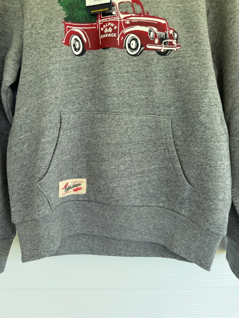 Polo Ralph Lauren Boys Gray Christmas Truck Hoodie Sweater Size M 10-12 NWT